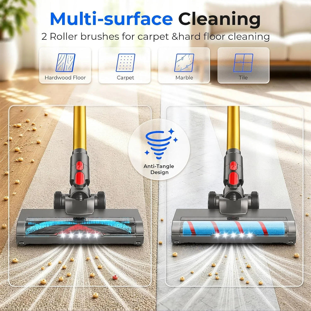 Cordless Vacuum Cleaner, 600W/55KPa/75Min Powerful Stick Vacuum Cleaner