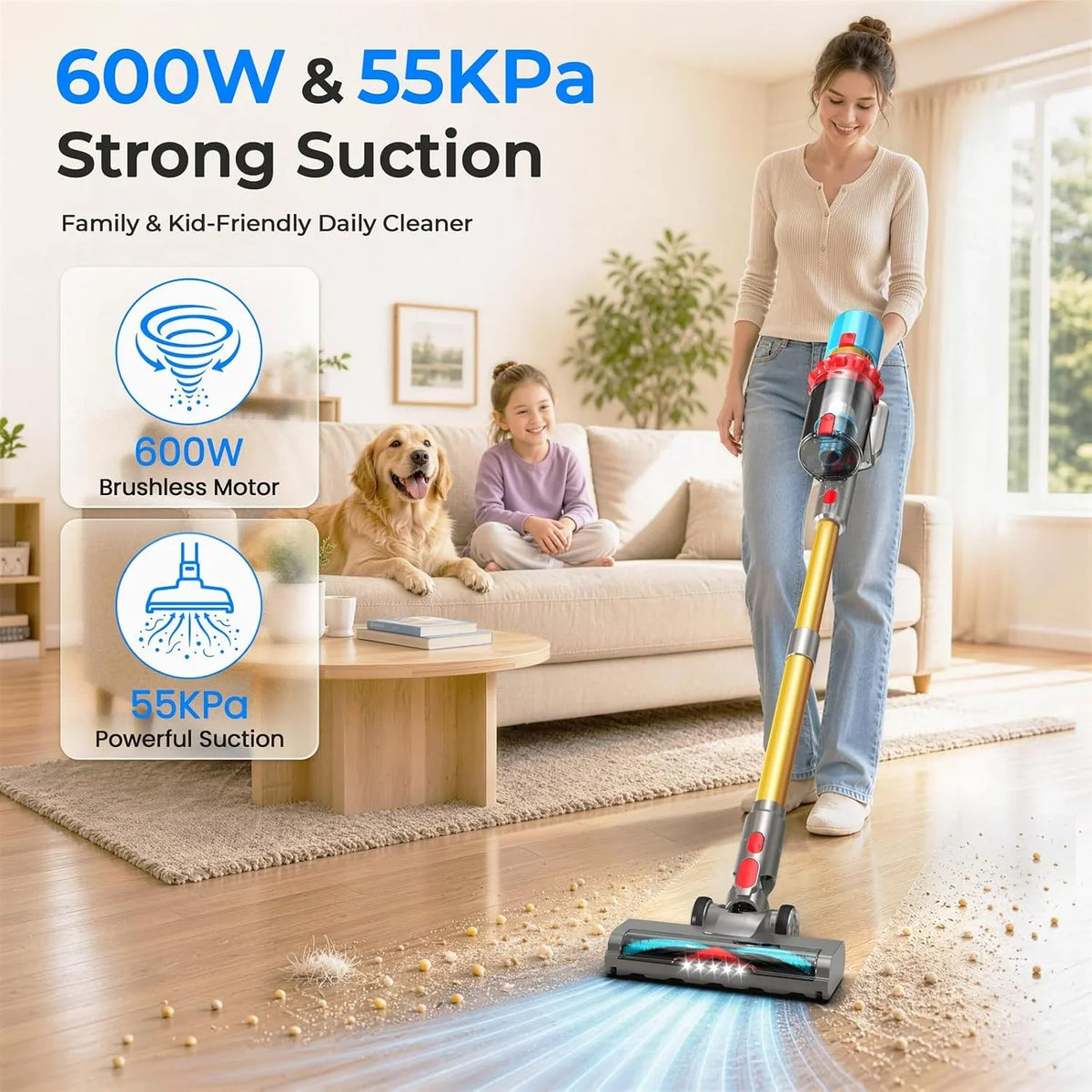 Cordless Vacuum Cleaner, 600W 55KPa Max 75mins Stick Vacuum for Pet Hair
