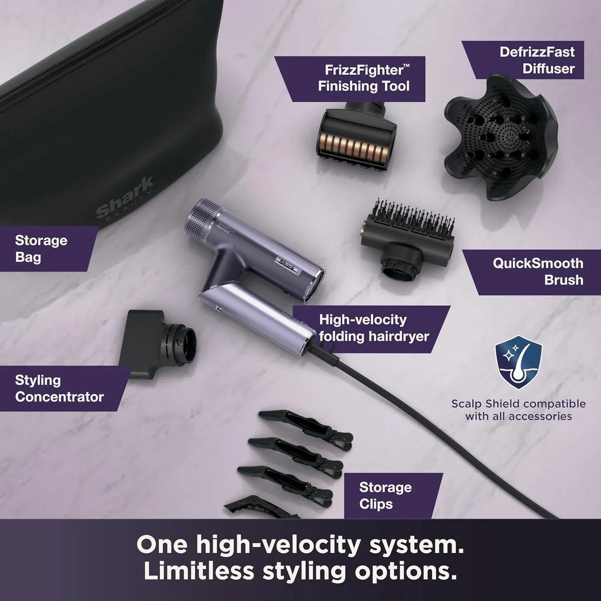 Shark SpeedStyle Pro Flex Dryer, Scalp Shield, Bag, Lilac, HD543PL