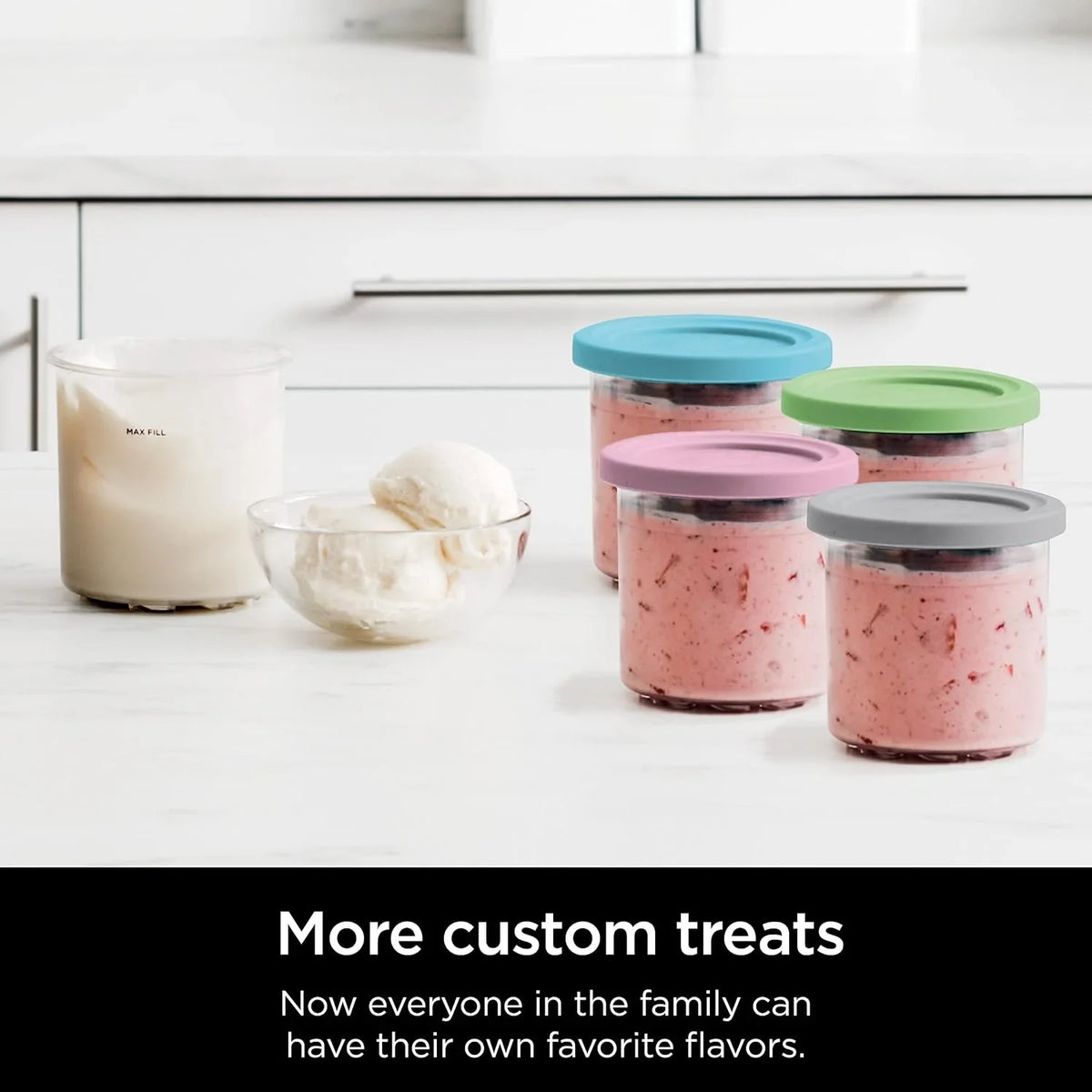 Ninja CREAMi Original Pints 4 Pack, Compatible with NC299AMZ and NC300s Series Ice Cream Makers, BPA-Free and Dishwasher Safe, Color Lids, 1 Pint Each, Clear, Grey, Lime, Pink, Aqua, XSKPLD4BCD