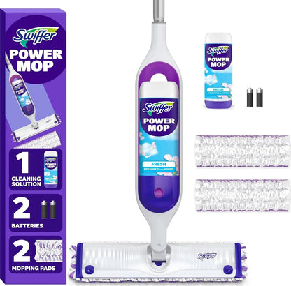 Swiffer PowerMop Mopping Kit for Floor Cleaning, Set Includes 1 Power Mop, 2 Replacement Pads, 1 Liquid Solution Refill, 2 Batteries, No Bucket Needed Electric Spray Cleaner, Multi-Surface and Wood